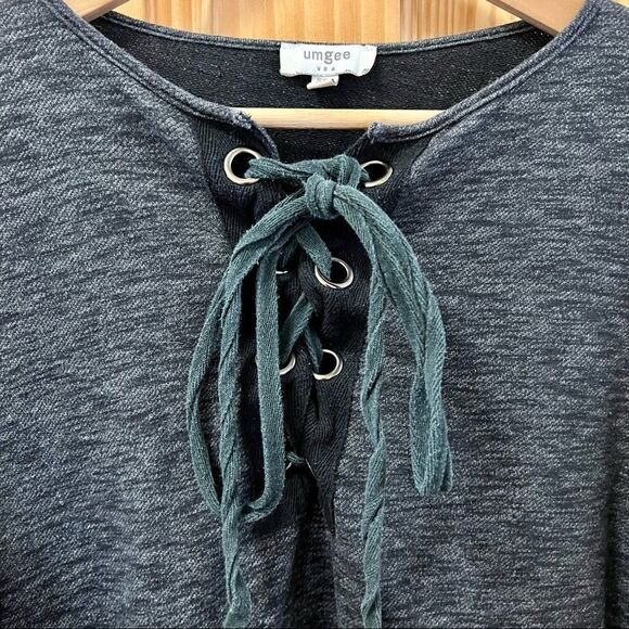 Umgee heathered grey black lace up tie ruffled sleeve tunic shirt top S/M - Picture 2 of 6